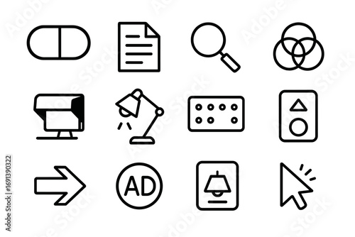 Visual Accessibility Icons. Outline icon set of Visual accessibility supports: high-contrast UI toggle, large print document,