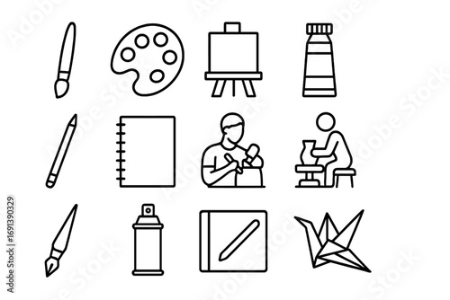 Visual Art Icons. Outline icon set of visual art creation: paintbrush, paint palette, easel, watercolor tube, charcoal pencil,