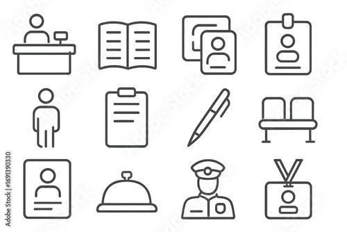 Visitor Management Icons. Outline icon set of visitor management workflow: reception desk, guest book, ID scan, visitor badge,