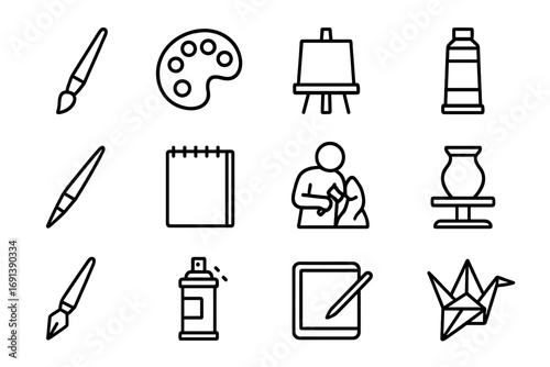 Visual Art Icons. Outline icon set of visual art creation: paintbrush, paint palette, easel, watercolor tube, charcoal pencil,