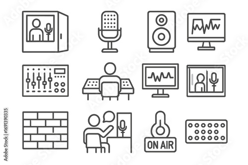 Voiceover Studio Icons. Outline icon set of professional voiceover studio: isolation booth, large diaphragm mic, studio monitors,
