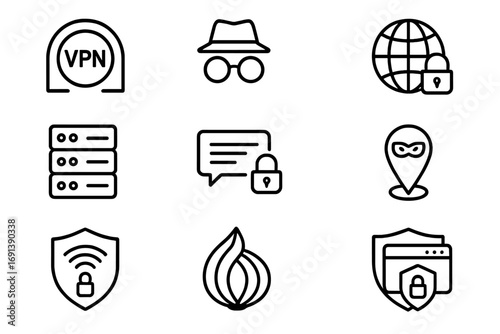 VPN Security Icons. Outline icon set of VPN and secure browsing: VPN tunnel icon, incognito mode glasses, globe with lock, server