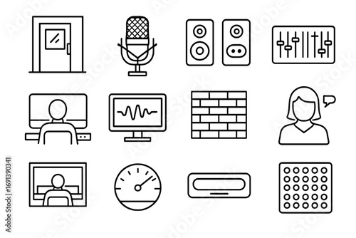 Voiceover Studio Icons. Outline icon set of professional voiceover studio: isolation booth, large diaphragm mic, studio monitors,
