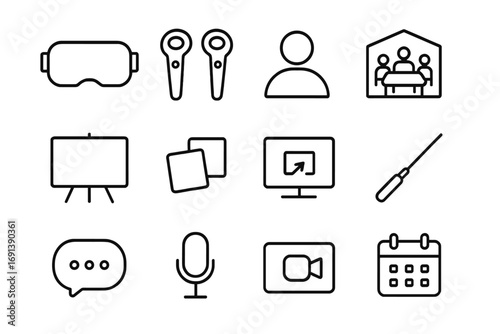 VR Meeting Icon Set. Outline icon set of VR meeting essentials: VR headset, controllers, avatar, meeting room, whiteboard, sticky