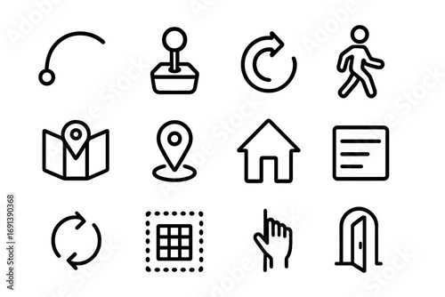 VR Navigation Icons. Outline icon set of VR navigation and locomotion: teleport arc, joystick, snap turn, smooth move, minimap,