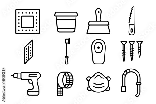 Wall Repair Tools. Outline icon set of Wall repair & drywall: drywall patch, joint compound tub, taping knife, drywall saw, corner