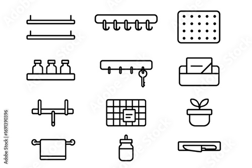 Wall Organization Icons. Outline icon set of wall-mounted organization: floating shelves, coat hooks, pegboard, spice rack, key