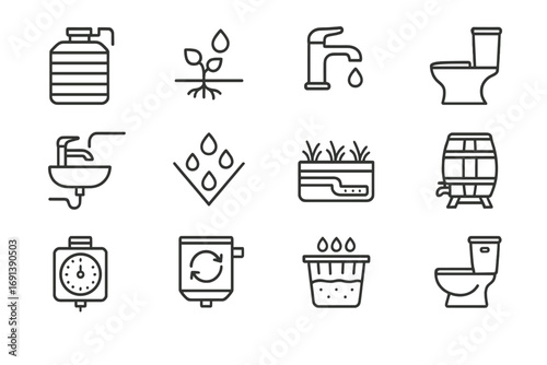 Water Efficiency Icons. Outline icon set of water efficiency in buildings: rainwater harvesting tank, drip irrigation, low-flow