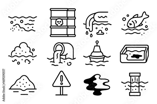 Water Pollution Icons. Outline icon set of water pollution from mining: polluted river, chemical barrels, acid mine drainage, dead