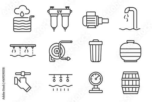 Water Recycling Icons. Outline icon set of water recycling and reuse: rainwater harvesting tank, UV filter unit, water pump,