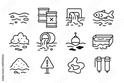 Water Pollution Icons. Outline icon set of water pollution from mining: polluted river, chemical barrels, acid mine drainage, dead