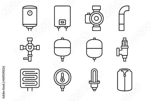 Water Heater Icons. Outline icon set of Commercial water heating systems: storage water heater, tankless water heater,