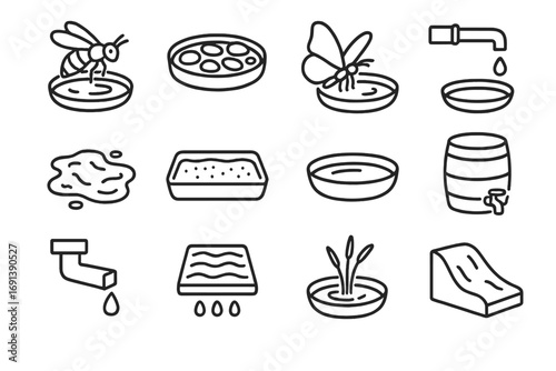 Water Resource Icons. Outline icon set of Water & mineral resources: bee watering station, pebble-filled saucer, butterfly puddler