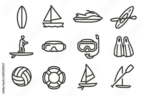 Water Sports Logo Set. Set Logo of Water Sports: surfboard, sailboat, jet ski, kayak, paddleboard, swimming goggles, snorkel mask,