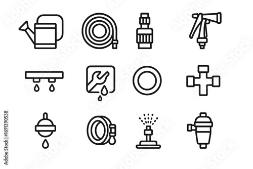 Watering Equipment Icons. Outline icon set of repairing watering equipment: watering can, garden hose, hose connector, spray