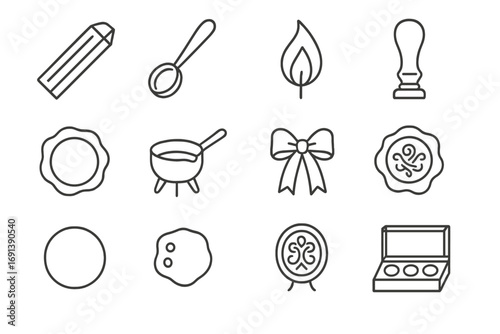 Wax Seal Icon Set. Outline icon set of wax and seals: wax stick, wax spoon, candle flame, stamp handle, seal imprint, melting pot,