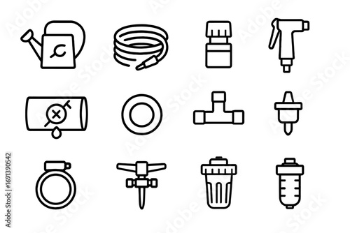 Watering Equipment Icons. Outline icon set of repairing watering equipment: watering can, garden hose, hose connector, spray