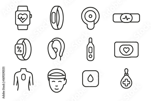 Wearable Medical Icon Set. Outline icon set of Wearable medical diagnostics: smartwatch heart rate monitor, fitness band,