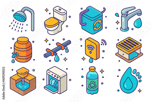 Water Efficiency Icons. Colorful isometric vector icons set of water efficiency in buildings: low-flow showerhead, dual-flush