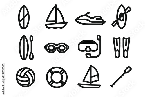 Water Sports Logo Set. Set Logo of Water Sports: surfboard, sailboat, jet ski, kayak, paddleboard, swimming goggles, snorkel mask,