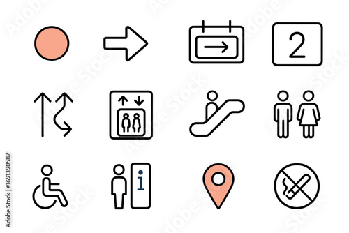 Wayfinding Icon Set. Outline icon set of wayfinding and signage: line color dot, direction arrow, exit sign, platform number,