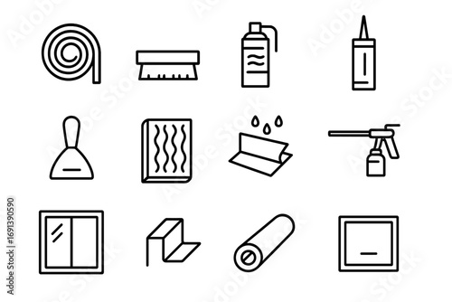 Weatherproofing Icons Grid. Outline icon set of Weatherproofing & insulation: weatherstrip roll, door sweep, foam sealant can,