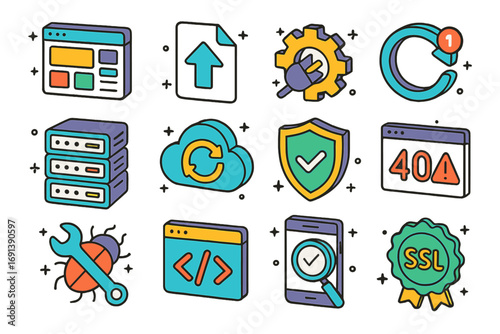 Website Management Icons. Colorful isometric vector icons set of website management and maintenance: CMS dashboard, file upload