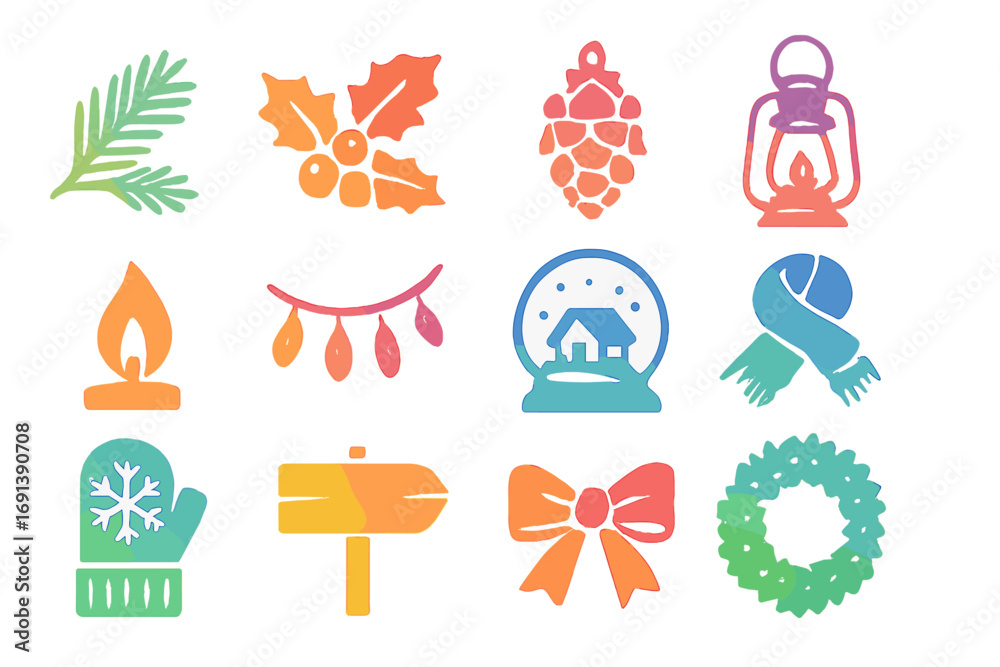 Fototapeta premium Winter Decor Icons. Gradient icons set of winter decor accents: pine branch, holly sprig, pinecone, lantern, candle flame, fairy