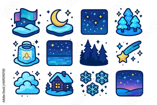 Isometric Winter Night Icons. Colorful isometric vector icons set of magical winter nights: northern lights, crescent moon over