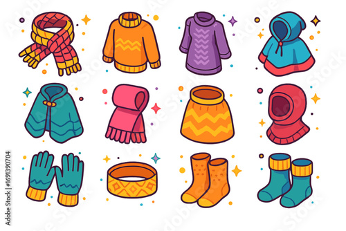 Winter Fashion Icons. Colorful isometric vector icons set of handmade winter fashion: chunky scarf, oversized sweater, knit dress,