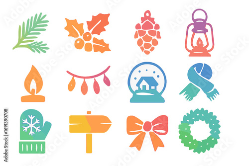 Winter Decor Icons. Gradient icons set of winter decor accents: pine branch, holly sprig, pinecone, lantern, candle flame, fairy