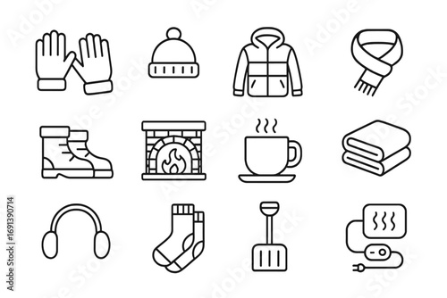 Winter Essentials Icons. Outline icon set of cold weather protection: gloves, wool hat, winter coat, scarf, boots, fireplace, hot