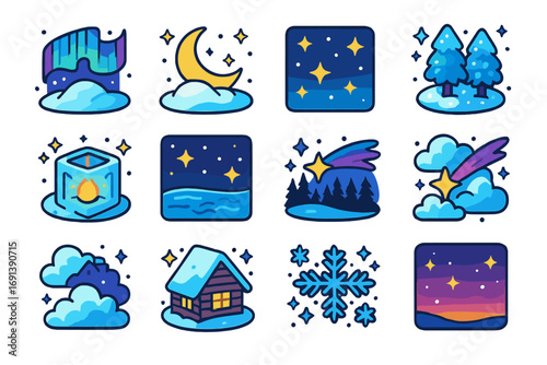 Isometric Winter Night Icons. Colorful isometric vector icons set of magical winter nights: northern lights, crescent moon over