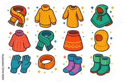 Winter Fashion Icons. Colorful isometric vector icons set of handmade winter fashion: chunky scarf, oversized sweater, knit dress,