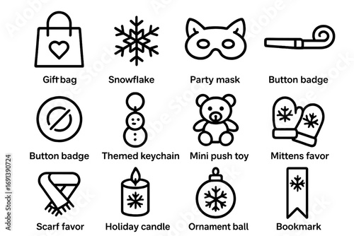 Winter Party Icons. Outline icon set of winter party favors: gift bag, snowflake sticker, animal mask, party whistle, button badge