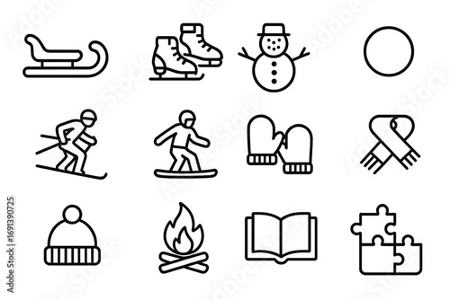 Winter Party Icons. Outline icon set of kids’ winter party activities: sled, ice skates, snowman, snowball, skiing, snowboard,