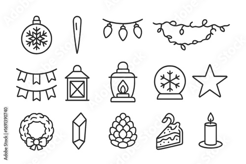 Winter Party Icons. Outline icon set of winter party decorations: snowflake ornament, icicle, string lights, garland, party banner