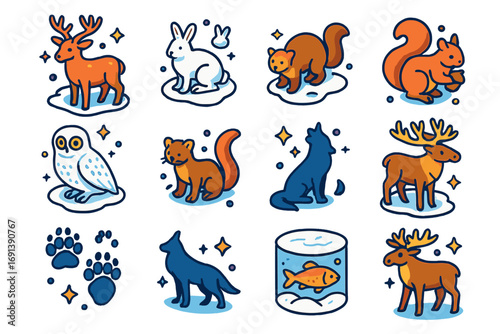 Winter Wildlife Icons. Colorful isometric vector icons set of winter wildlife: deer in snow, fox in snow, snow hare, snowy owl,
