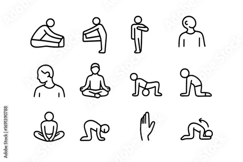 Workout Recovery Icons. Outline icon set of Cool-down and recovery after workouts: seated stretch, hamstring stretch, quad stretch