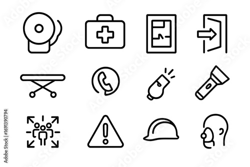 Workplace Emergency Icons. Outline icon set of emergency response in workplace: fire alarm, first aid kit, evacuation map, exit