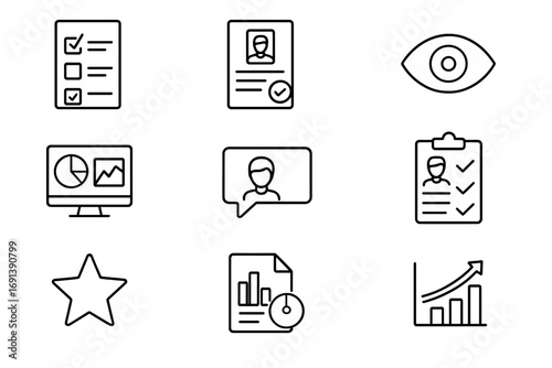Workplace Monitoring Icons. Outline icon set of workplace monitoring and evaluation: survey form, performance review sheet,