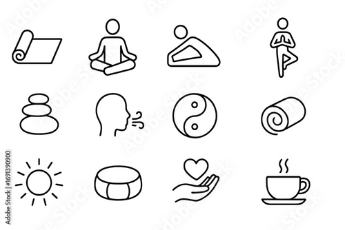Yoga Relaxation Icons. Outline icon set of yoga and body relaxation: yoga mat, lotus position, stretching figure, tree pose,