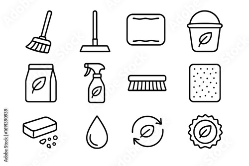 Zero-Waste Cleaning Icons. Outline icon set of zero-waste floor cleaning tools: wooden broom, bamboo mop, reusable mop pad, eco