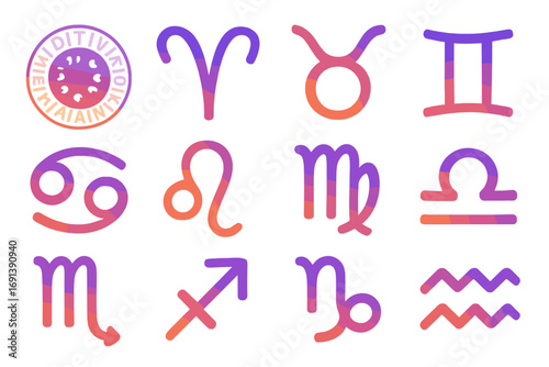 Zodiac Glyph Gradient Icons. Gradient icons set of astrology and lunar cycle charts: zodiac wheel, Aries glyph, Taurus glyph,