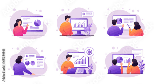 A collection of flat illustrations depicting people analyzing business data, charts, and graphs on screens and whiteboards.