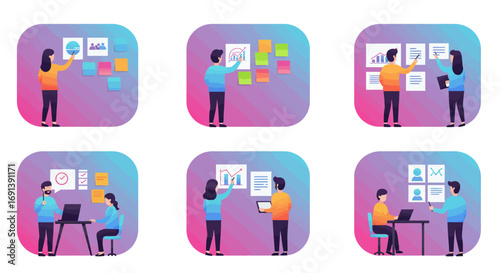 Set of six modern flat illustrations showing business people collaborating, planning with sticky notes, and analyzing data charts.