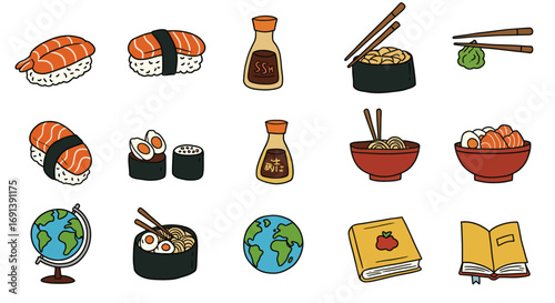 A collection of hand-drawn doodle icons featuring Japanese food, globes, and books.