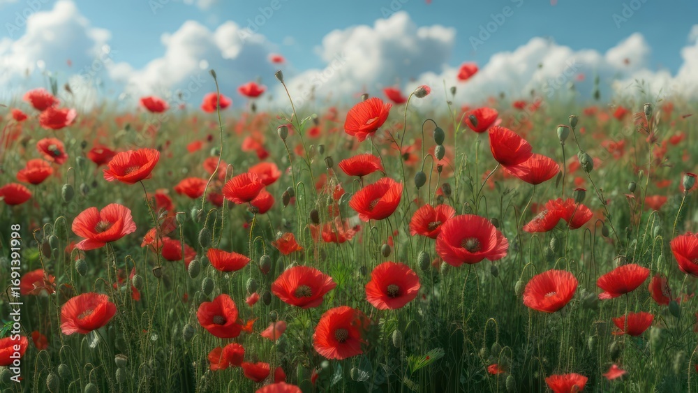 Fototapeta premium Vibrant poppy field under a partly cloudy sky