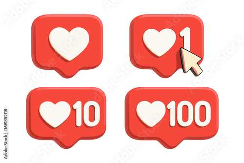 3D social media like counter set. Heart love notification icon. Follower reaction. Web button with numbers. App interface element. Click cursor. Vector cartoon render.