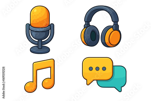 3D podcast icon set. Cartoon vector microphone, headphones, music note, chat bubble icons. Concept for audio, broadcasting, streaming, radio show, communication, sound.